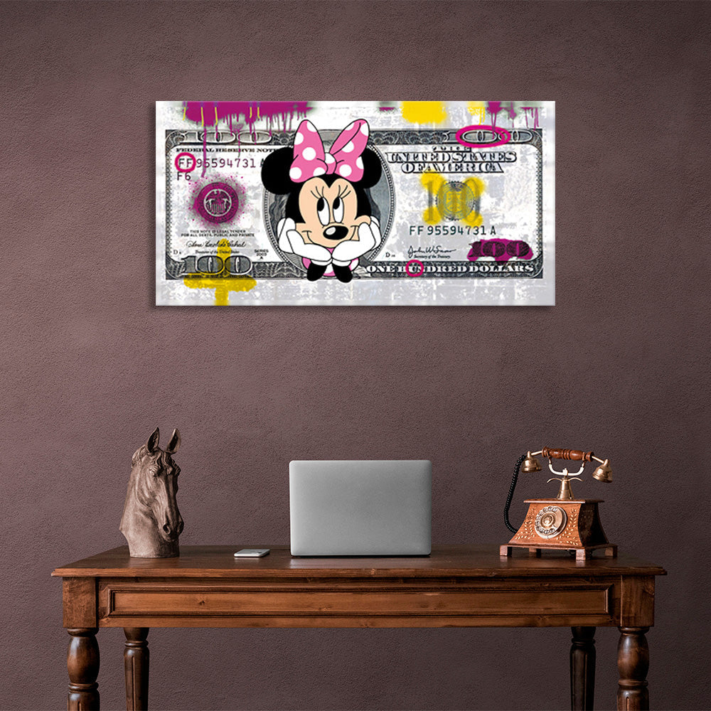 Ein 100-Dollar-Schein mit Minnie Mouse darauf. Inspirierender Kunstdruck auf Leinwand.