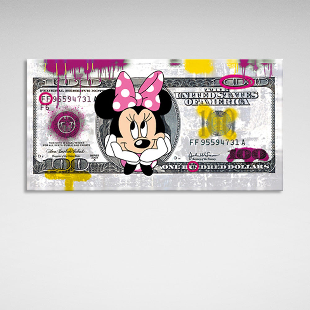 Ein 100-Dollar-Schein mit Minnie Mouse darauf. Inspirierender Kunstdruck auf Leinwand.