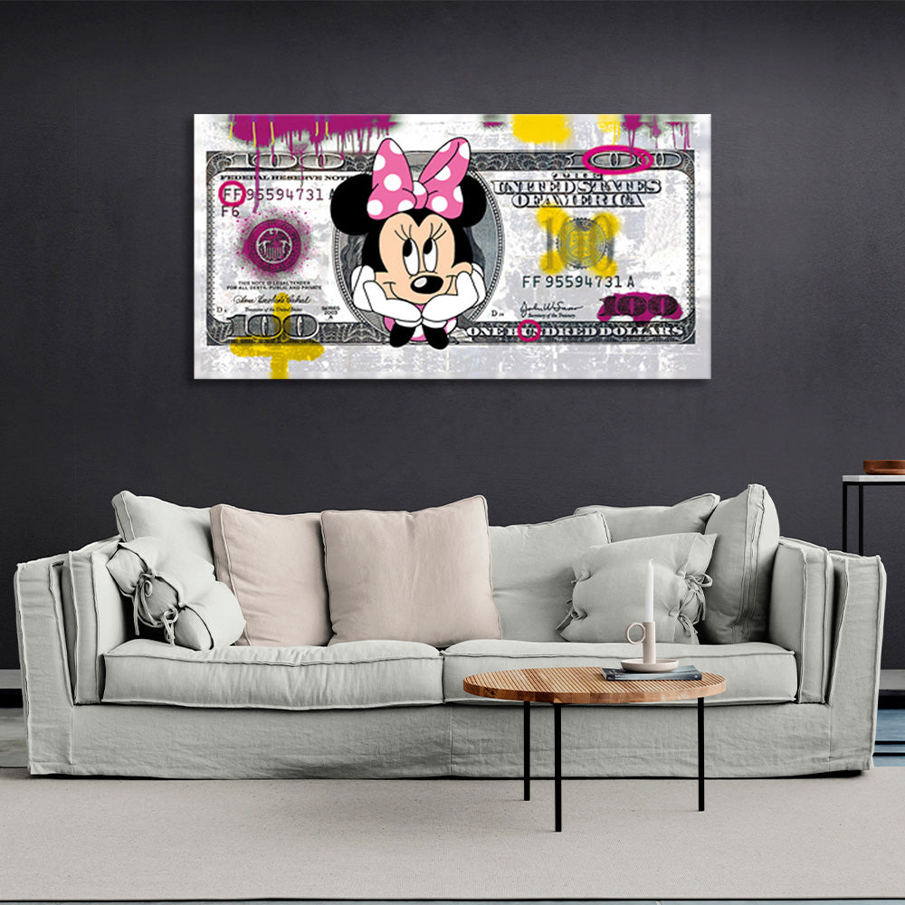 Ein 100-Dollar-Schein mit Minnie Mouse darauf. Inspirierender Kunstdruck auf Leinwand.