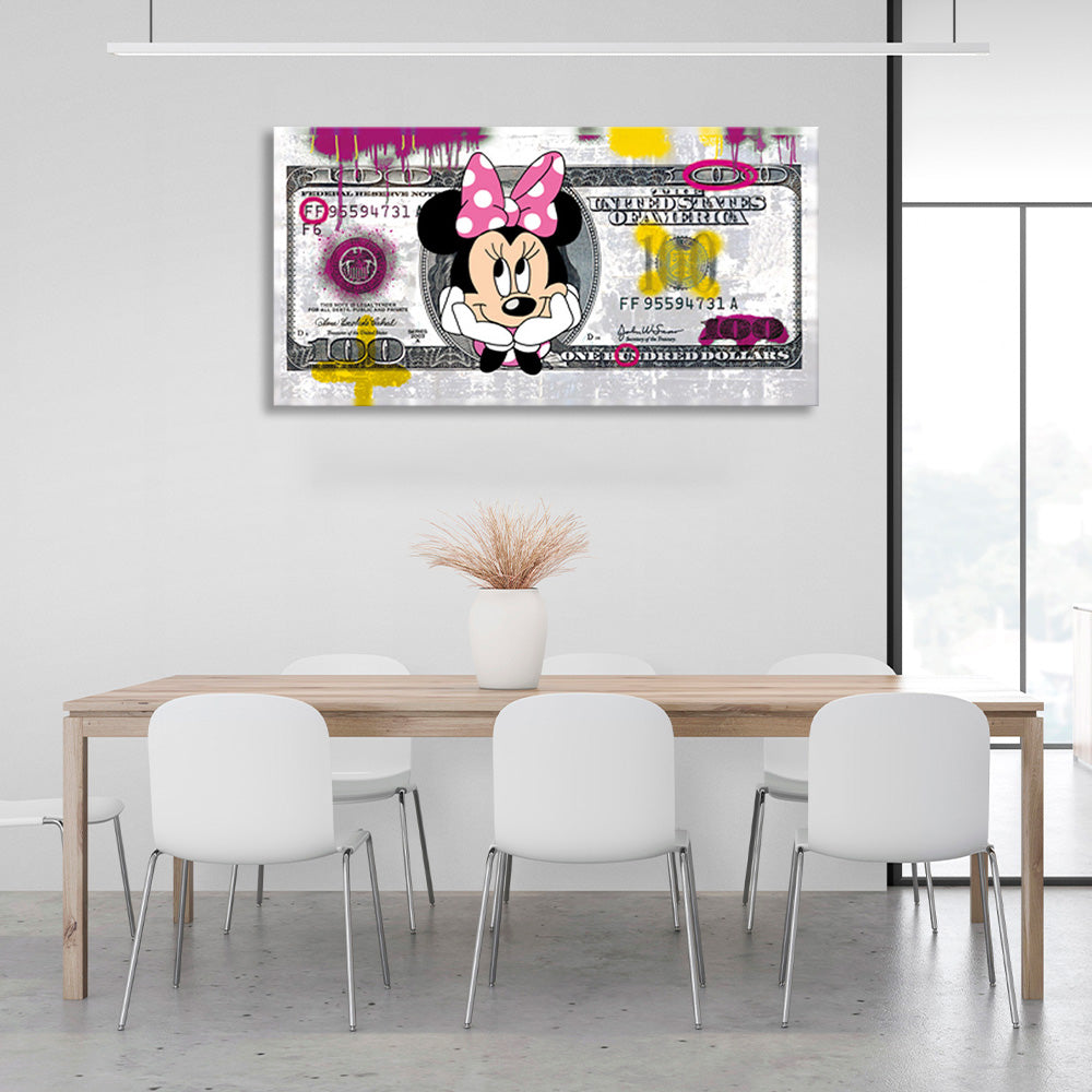 Ein 100-Dollar-Schein mit Minnie Mouse darauf. Inspirierender Kunstdruck auf Leinwand.