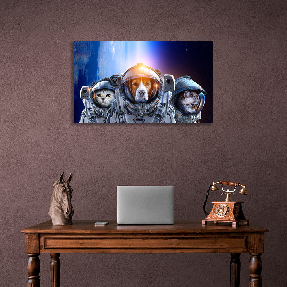 One dog and two cat astronauts Canvas Wall Art Print