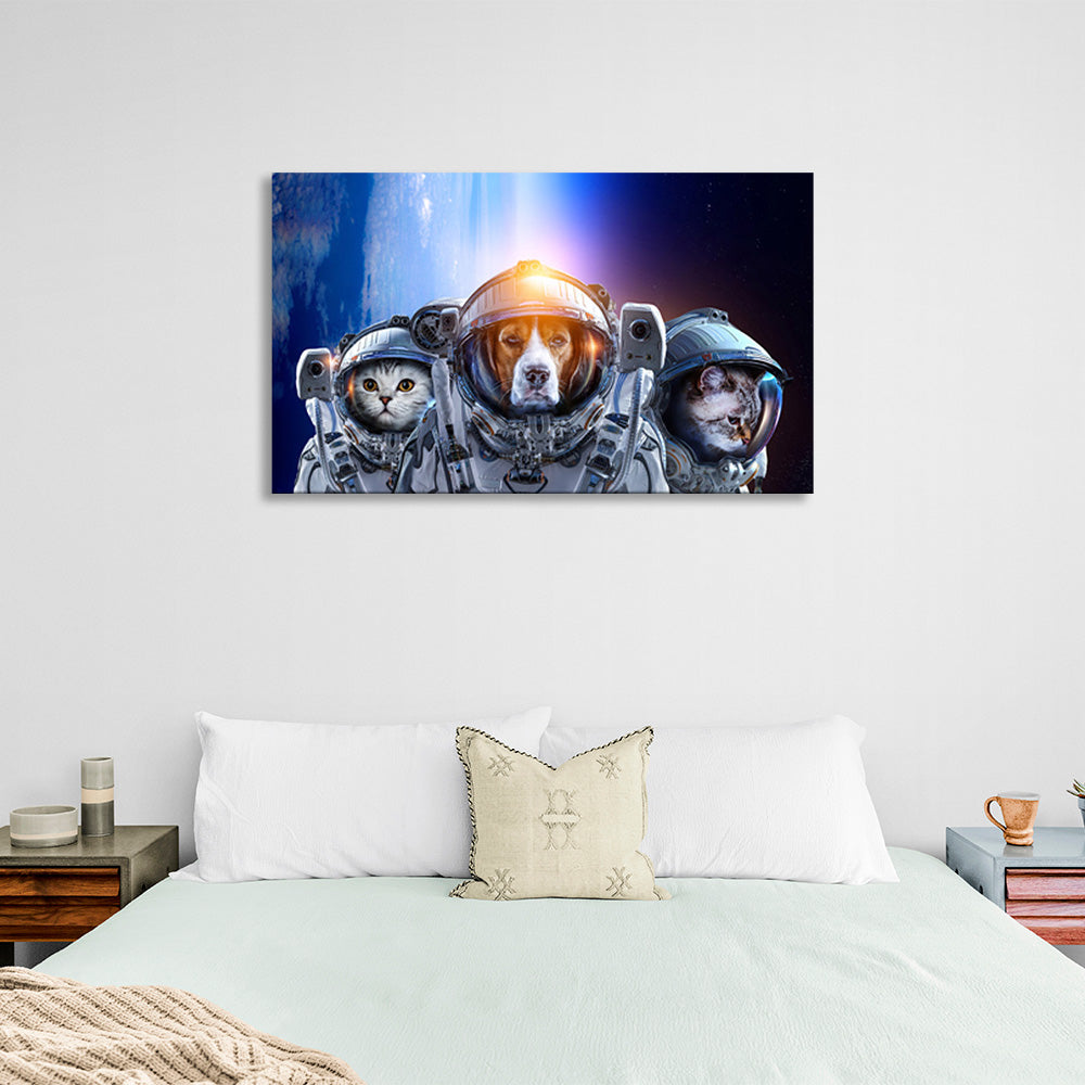 One dog and two cat astronauts Canvas Wall Art Print