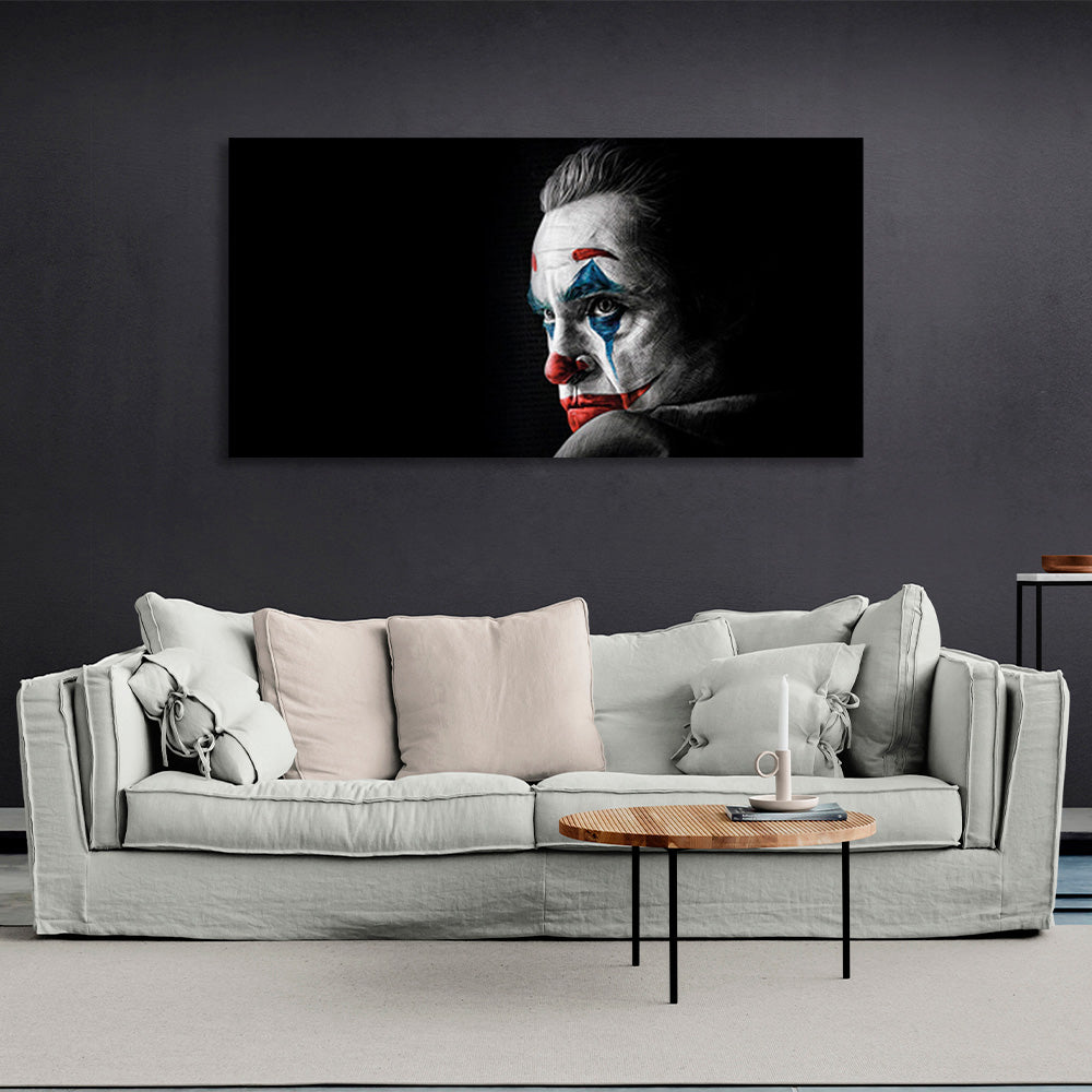 Kunstdruck auf Leinwand, Motiv „Joker“ auf schwarzem Hintergrund