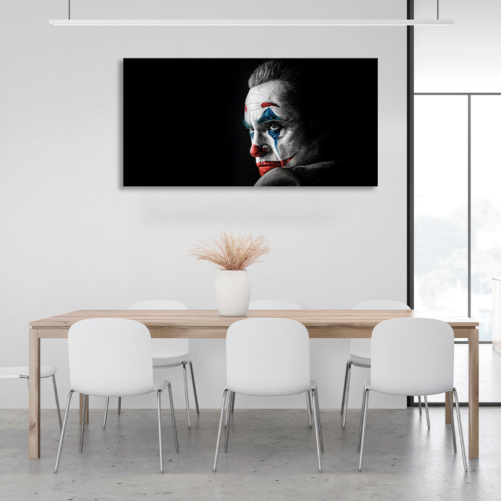 Kunstdruck auf Leinwand, Motiv „Joker“ auf schwarzem Hintergrund