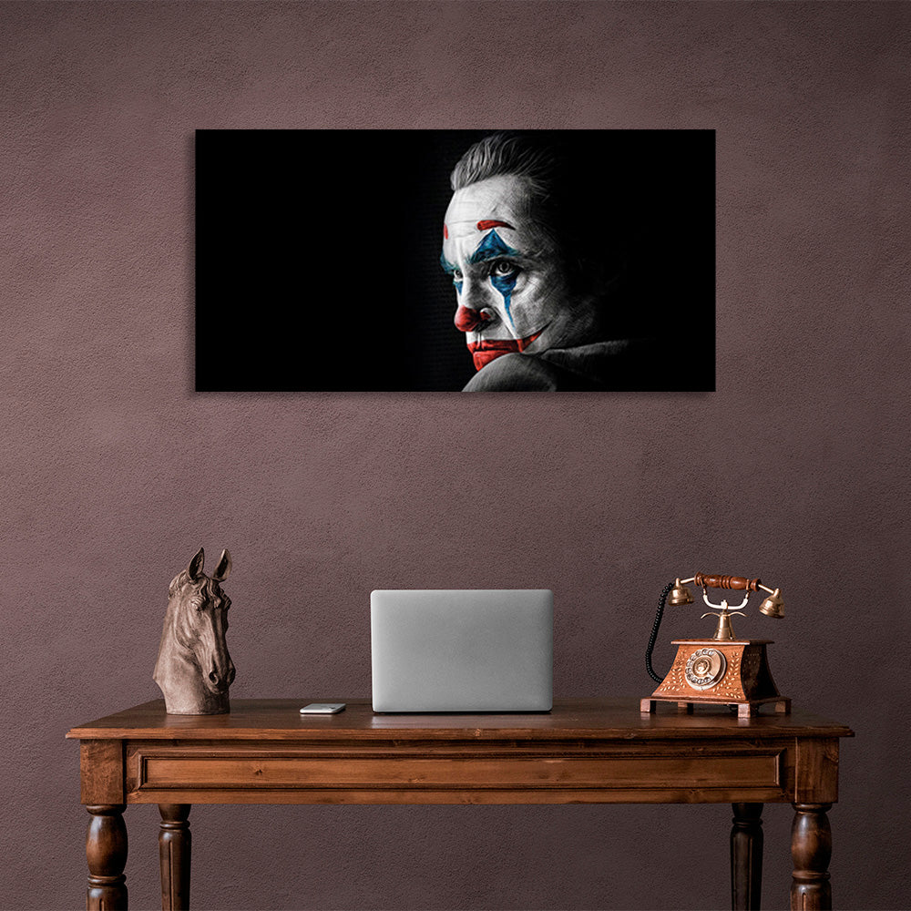 Kunstdruck auf Leinwand, Motiv „Joker“ auf schwarzem Hintergrund