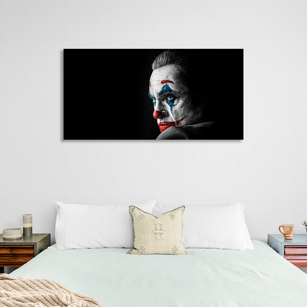 Kunstdruck auf Leinwand, Motiv „Joker“ auf schwarzem Hintergrund