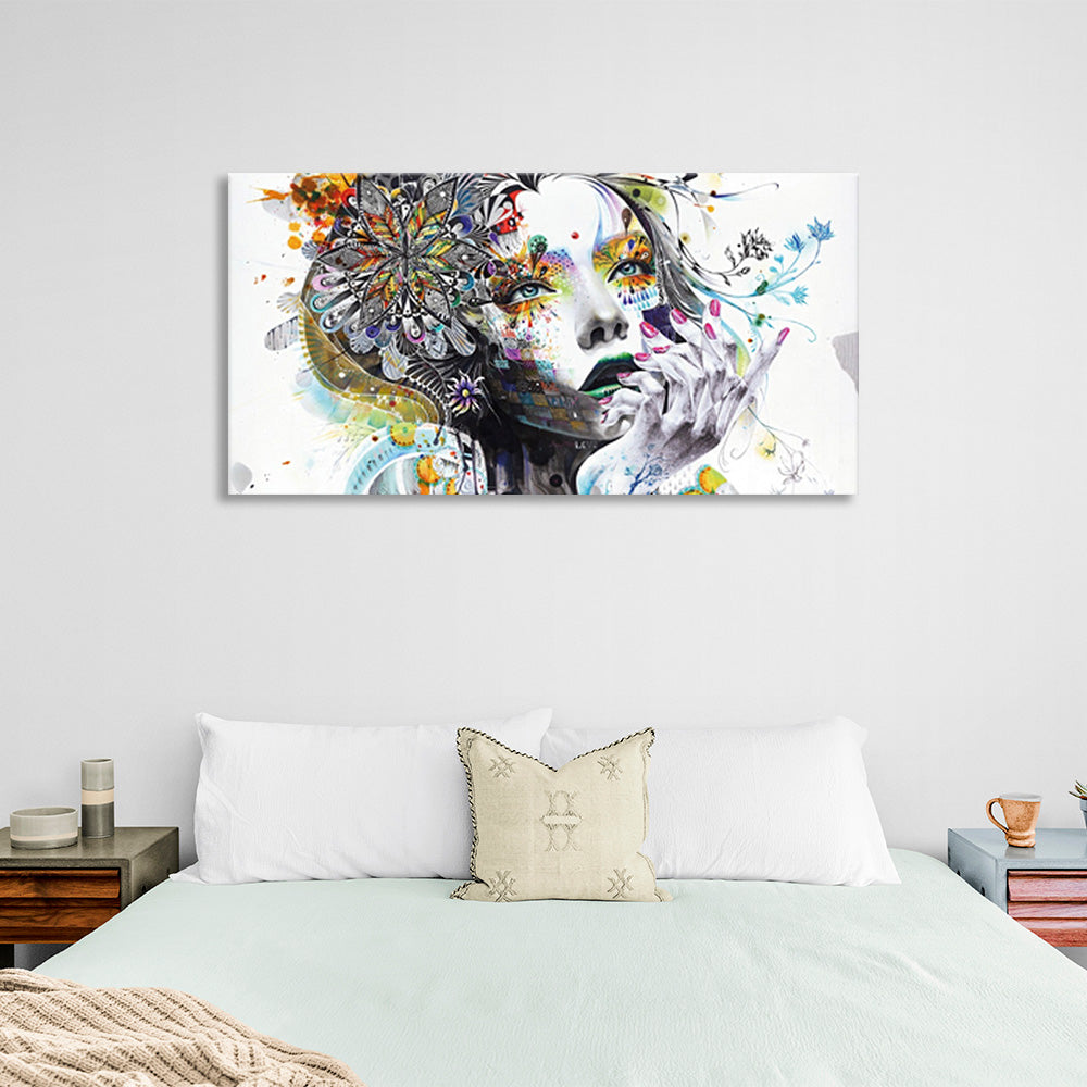 Girl in floral print on white background Canvas Wall Art Print