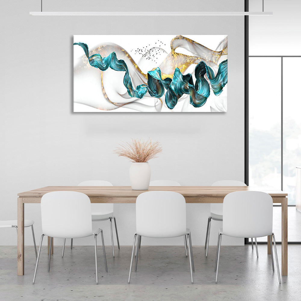 Abstraction in gold, white and turquoise Abstraction Canvas Wall Art Print