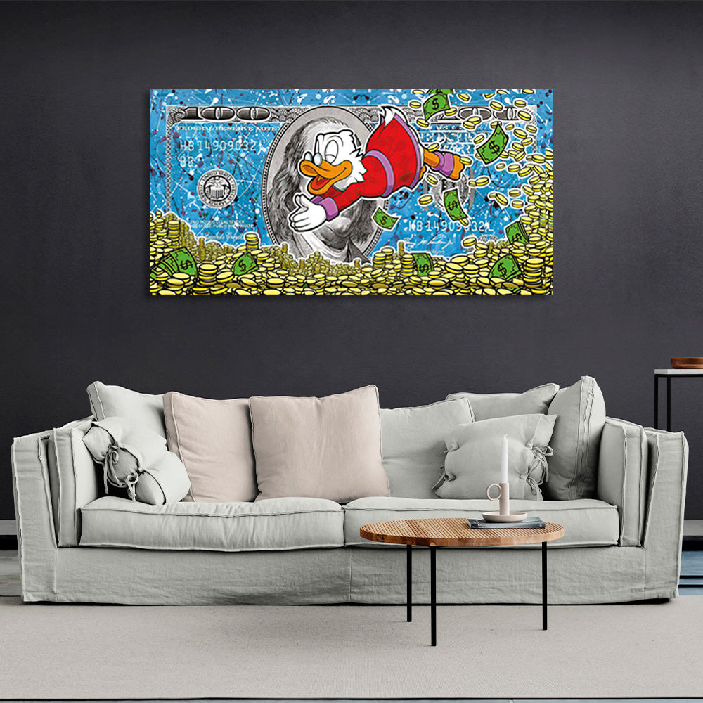 Scrooge dives into the coins Inspirational Canvas Wall Art Print