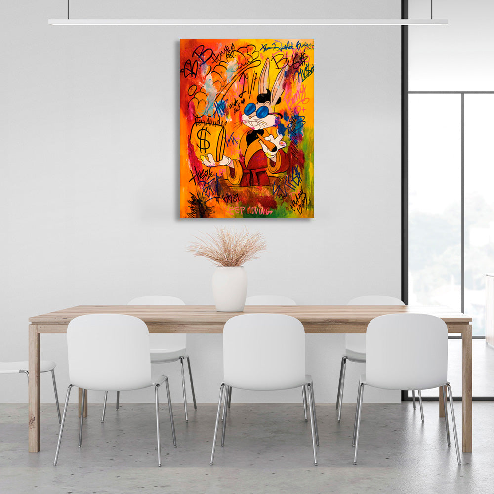 A rabbit with orange graffiti Canvas Wall Art Print