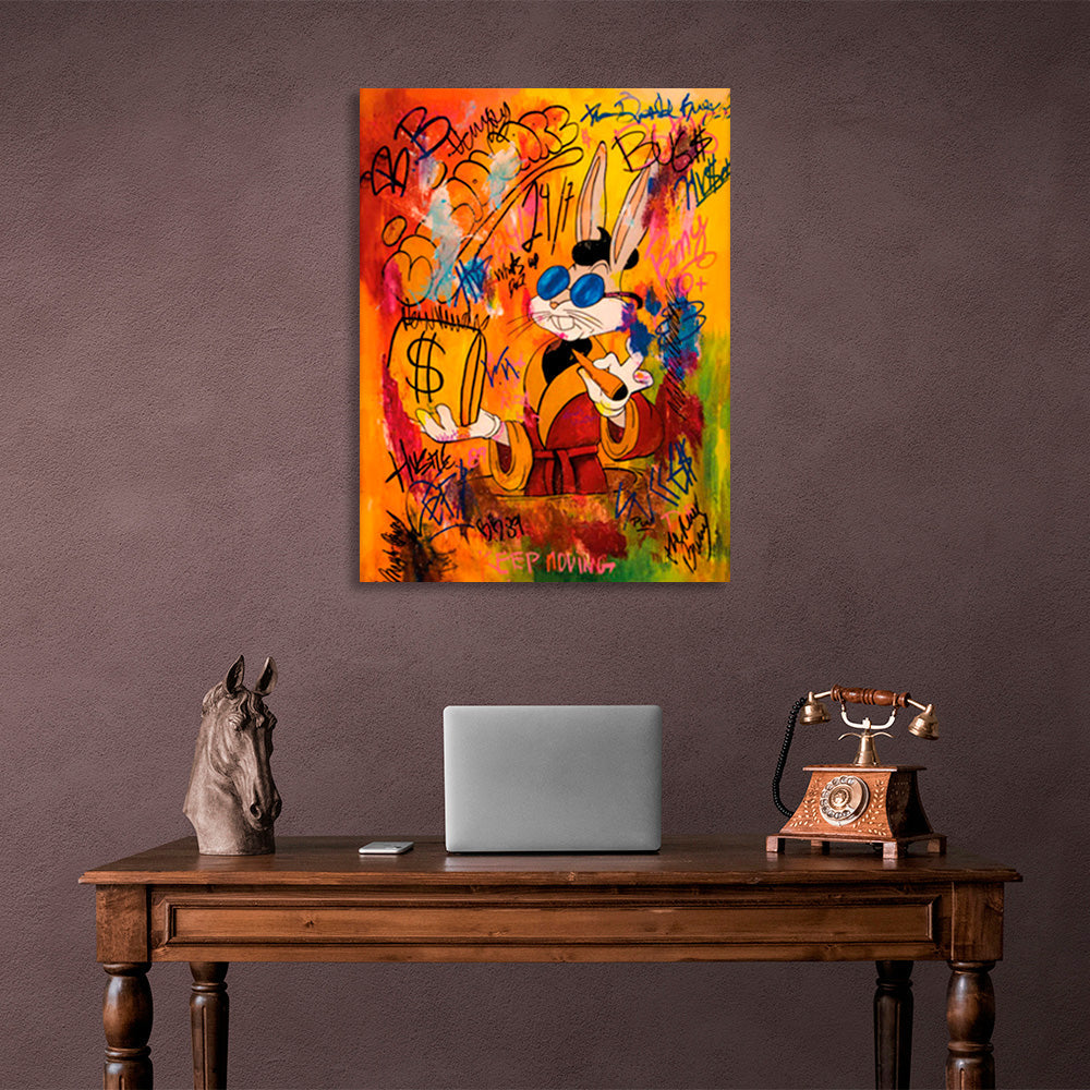 A rabbit with orange graffiti Canvas Wall Art Print