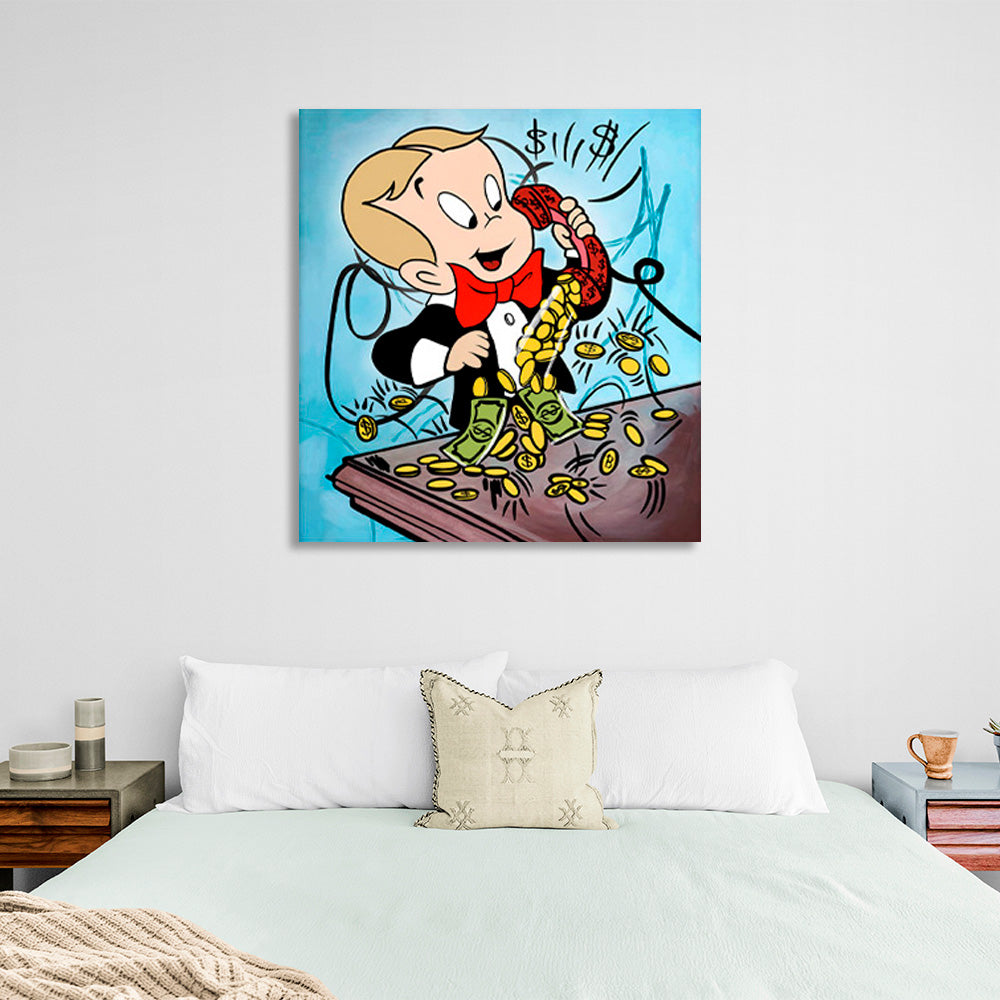 A boy with a cell phone and gold coins Canvas Wall Art Print