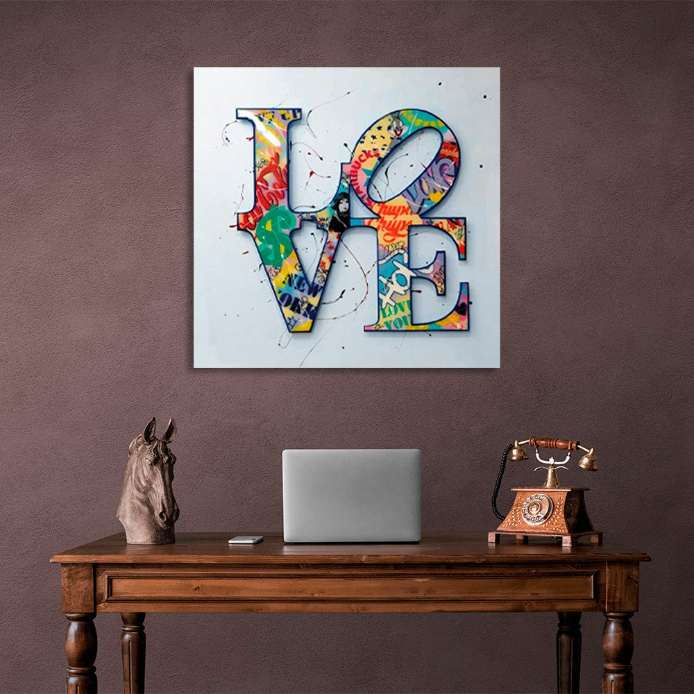 LOVE lettering in bright colors on a gray background Canvas Wall Art Print