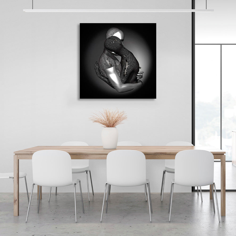 a couple under a gray light with a black background Canvas Wall Art Print