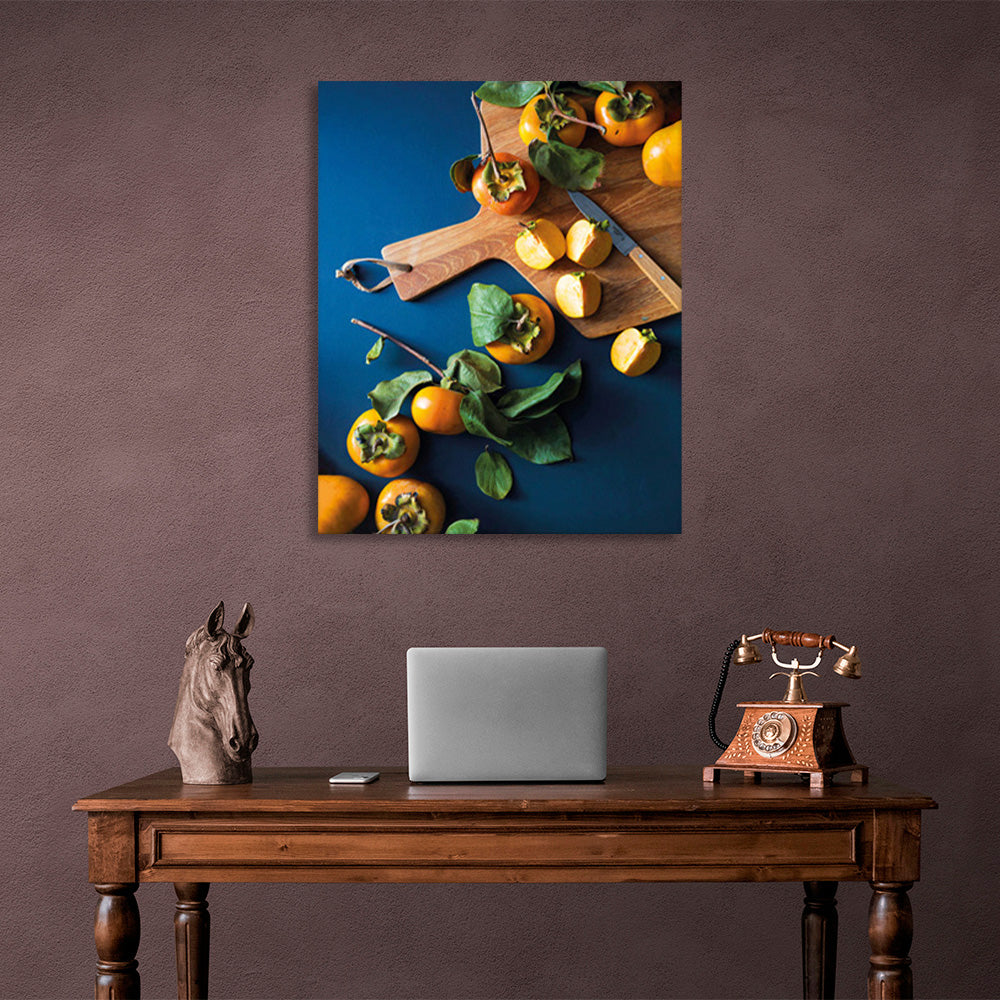 Persimmon on a kitchen board with a knife Canvas Wall Art Print For Kitchen