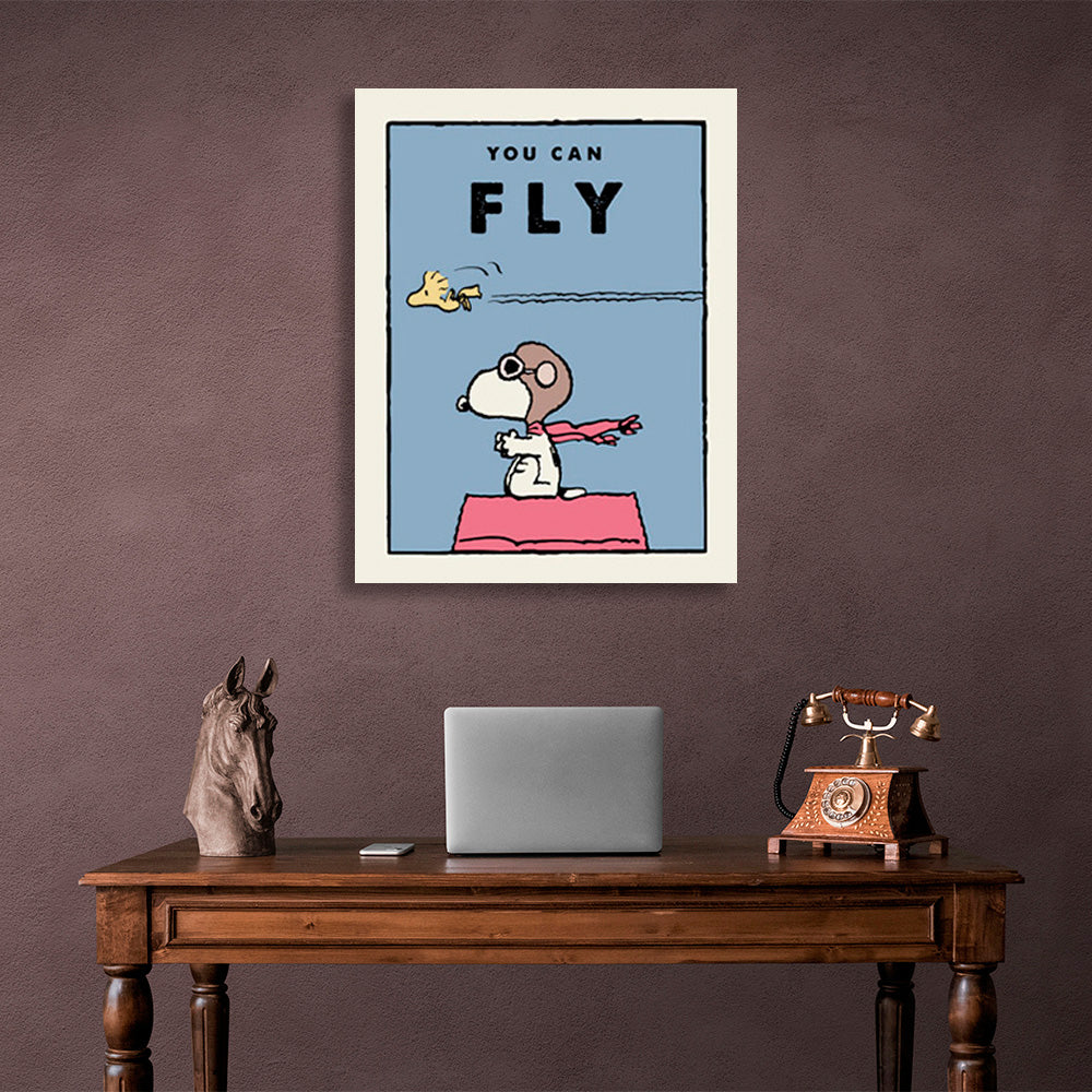 Ein Hündchen und ein Vogel mit den Worten „You Can Fly“ – motivierender Kunstdruck auf Leinwand