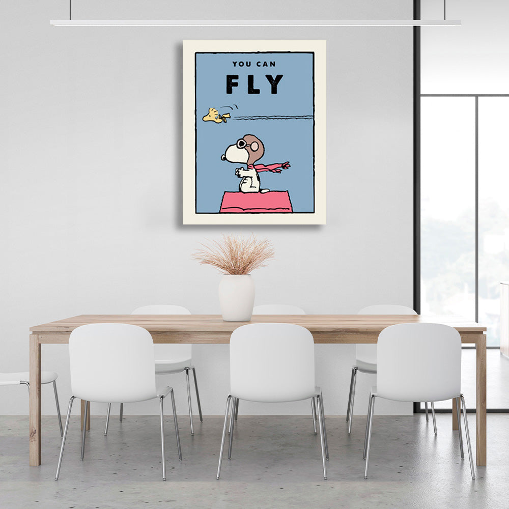 Ein Hündchen und ein Vogel mit den Worten „You Can Fly“ – motivierender Kunstdruck auf Leinwand