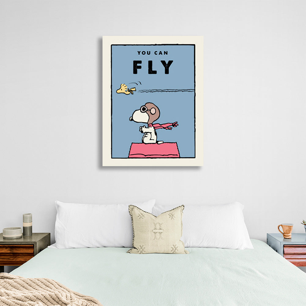 Ein Hündchen und ein Vogel mit den Worten „You Can Fly“ – motivierender Kunstdruck auf Leinwand