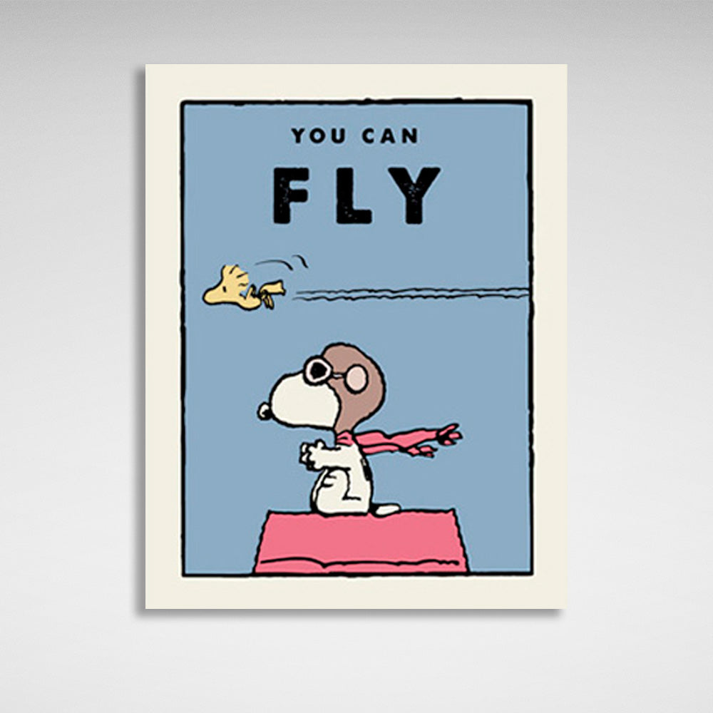 Ein Hündchen und ein Vogel mit den Worten „You Can Fly“ – motivierender Kunstdruck auf Leinwand