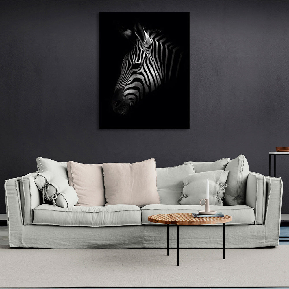 Kunstdruck auf Leinwand, Zebrakopf auf schwarzem Hintergrund