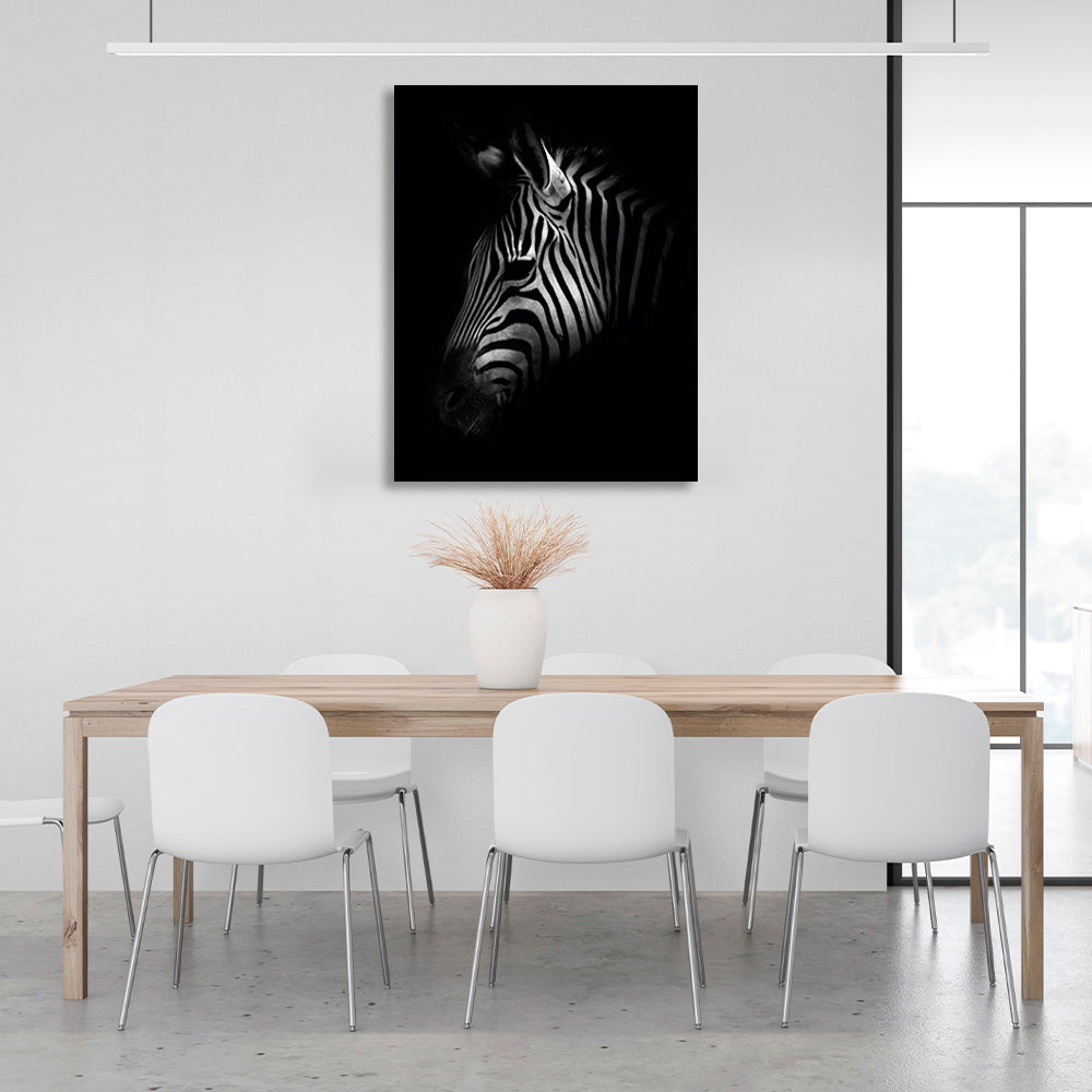 Kunstdruck auf Leinwand, Zebrakopf auf schwarzem Hintergrund