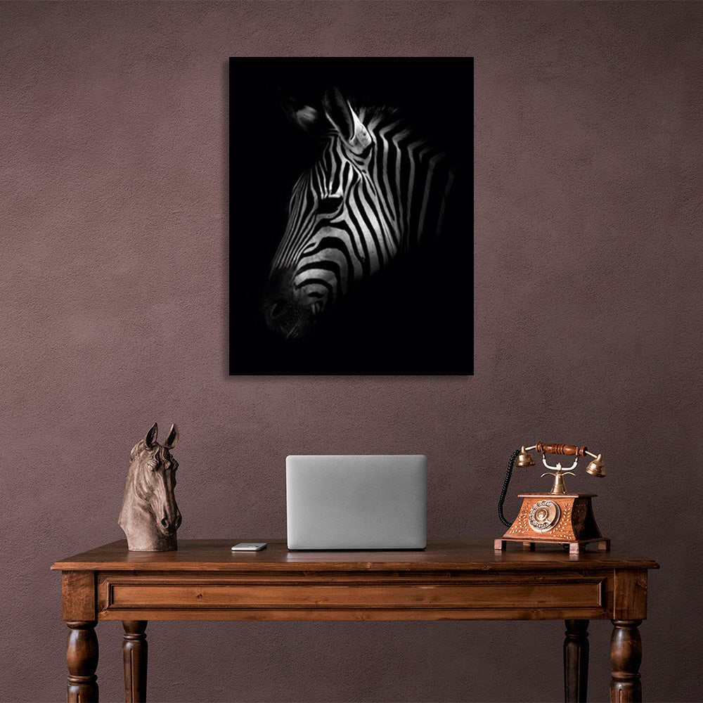 Kunstdruck auf Leinwand, Zebrakopf auf schwarzem Hintergrund