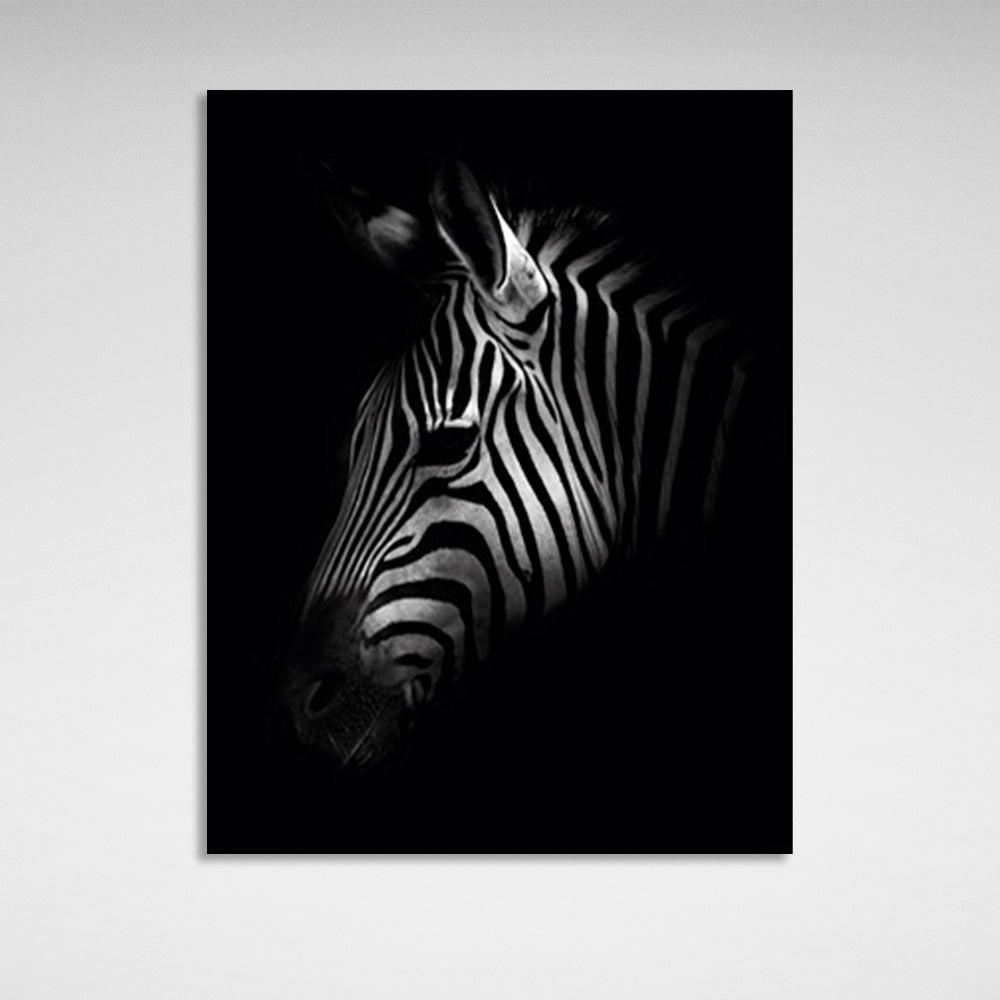 Kunstdruck auf Leinwand, Zebrakopf auf schwarzem Hintergrund