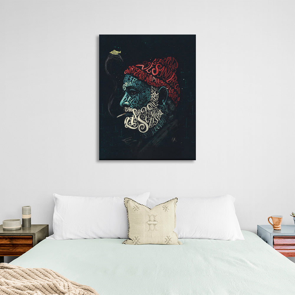 Bearded man in red hat on black background Canvas Wall Art Print