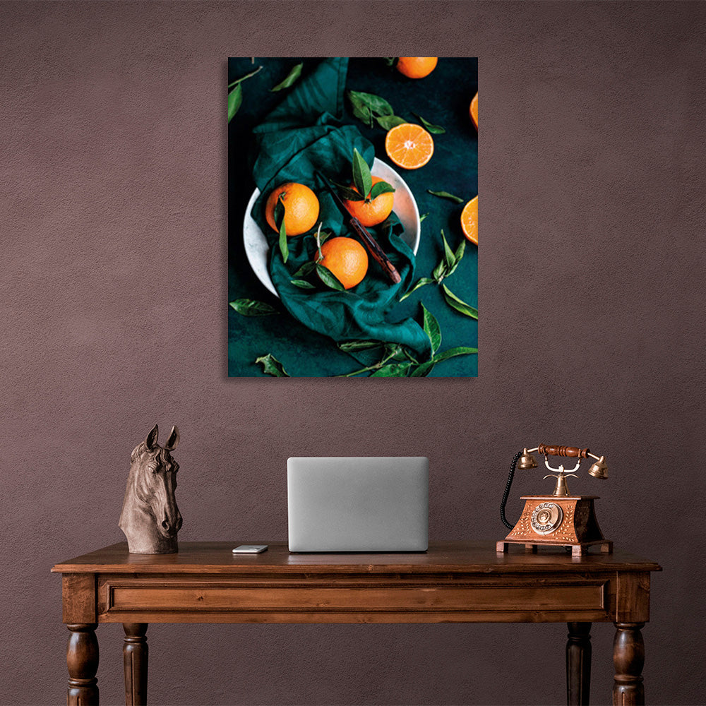 Lots of oranges on the table and in the plate Canvas Wall Art Print For Kitchen