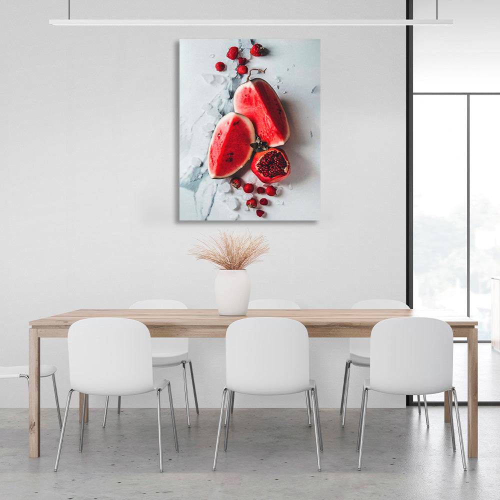 Two pieces of watermelon pomegranate and strawberries on the table Canvas Wall Art Print For Kitchen