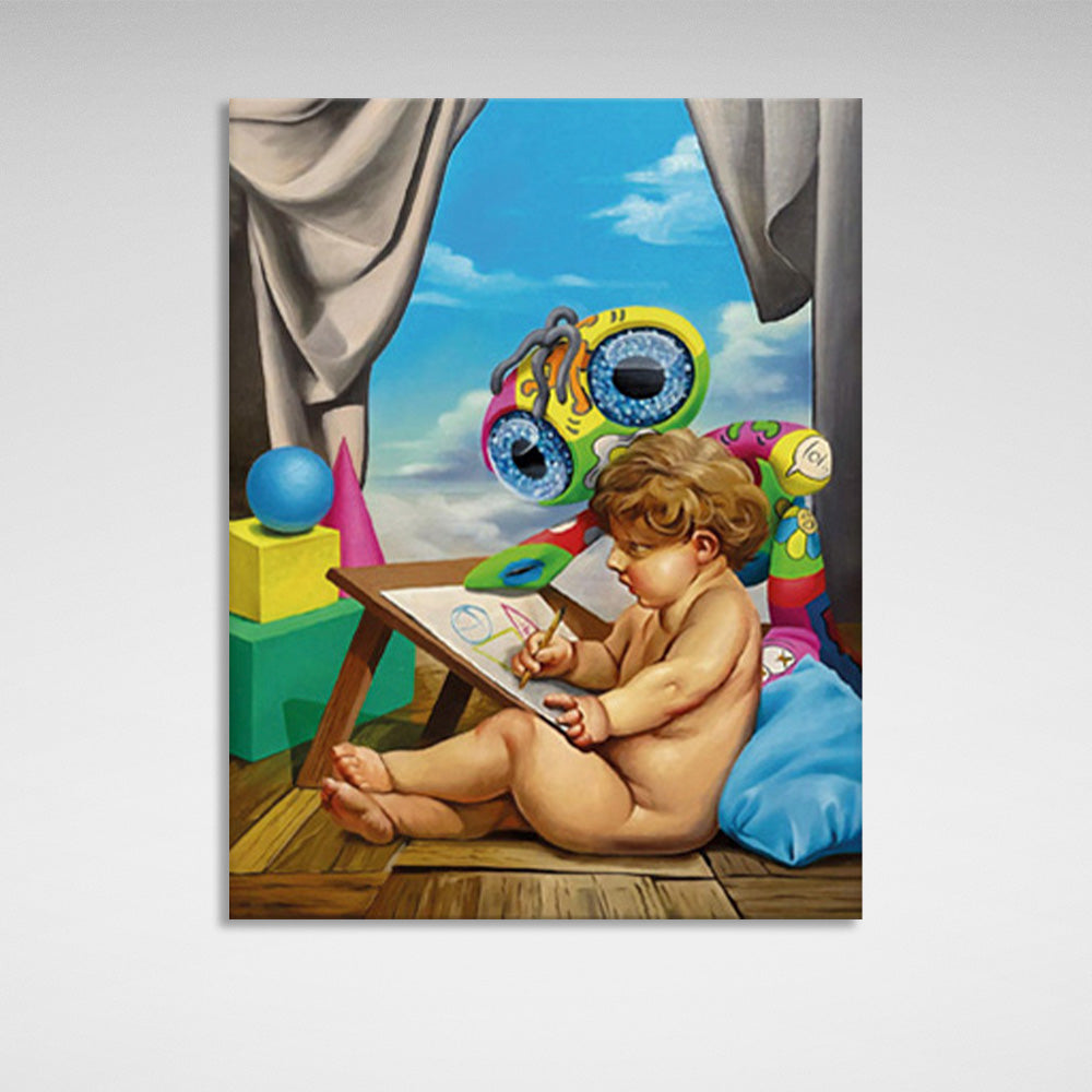 The child draws with a variety of toys Canvas Wall Art Print