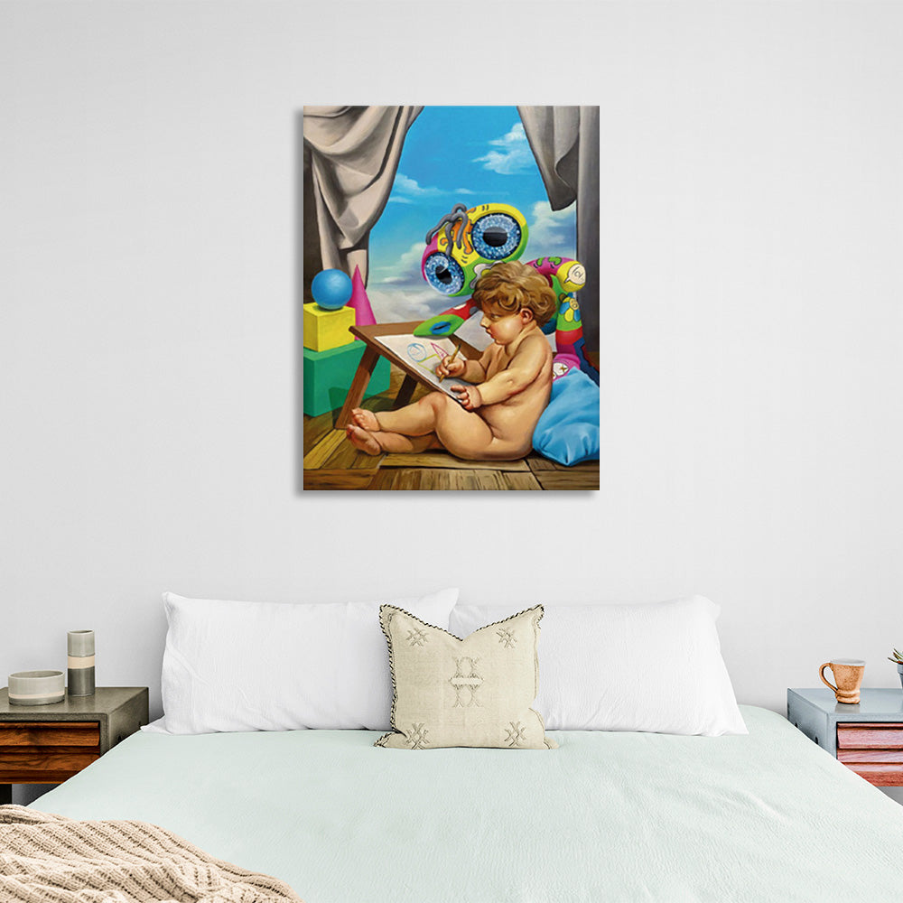 The child draws with a variety of toys Canvas Wall Art Print