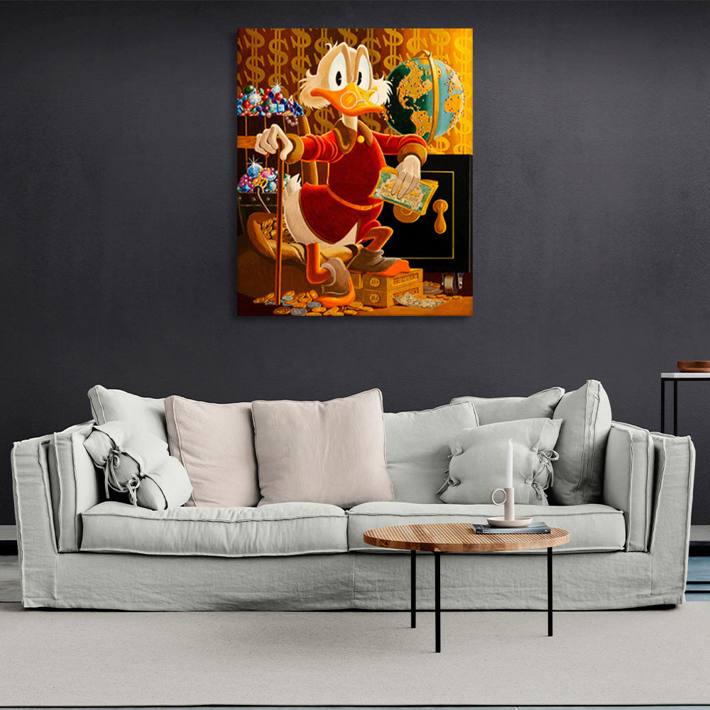 Dagobert Duck mit seinem Stock vor einem Globus. Inspirierender Kunstdruck auf Leinwand.