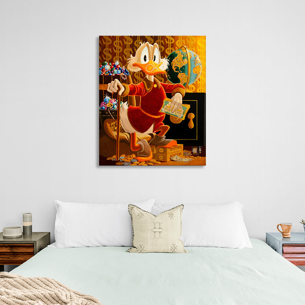 Dagobert Duck mit seinem Stock vor einem Globus. Inspirierender Kunstdruck auf Leinwand.