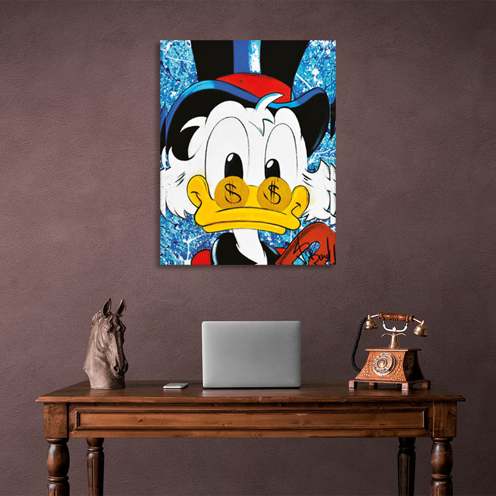 Scrooge mit Hut und Brille, inspirierender Kunstdruck auf Leinwand