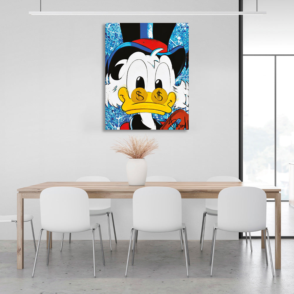 Scrooge mit Hut und Brille, inspirierender Kunstdruck auf Leinwand