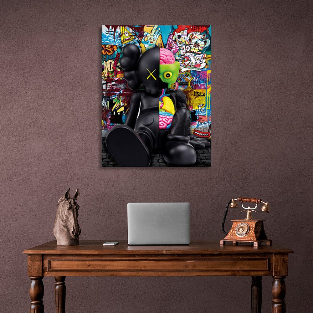 A black doll in the background of graffiti Canvas Wall Art Print