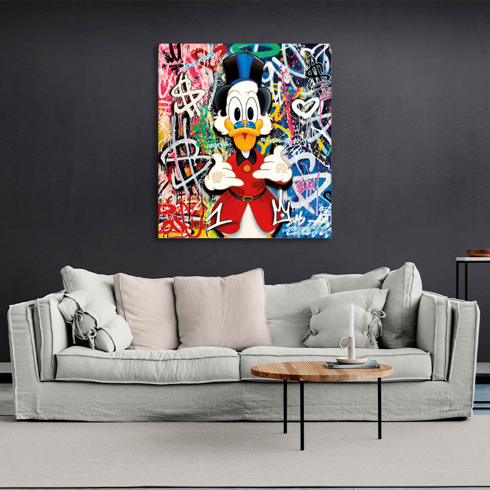 Scrooge in the background of the graffiti Inspirational Canvas Wall Art Print