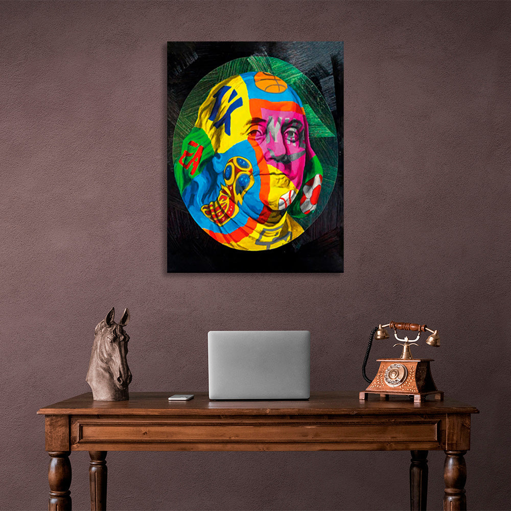 Franklin in a graffiti circle on a black background Inspirational Canvas Wall Art Print