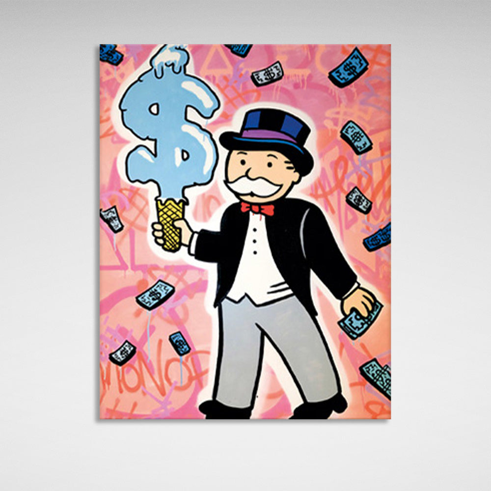 Alec Monopoly mit Eis in Form eines Dollarzeichens, Kunstdruck auf Leinwand