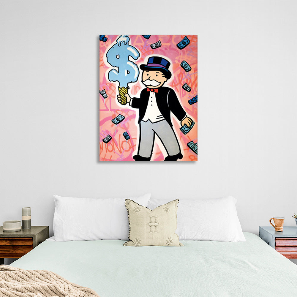 Alec Monopoly mit Eis in Form eines Dollarzeichens, Kunstdruck auf Leinwand