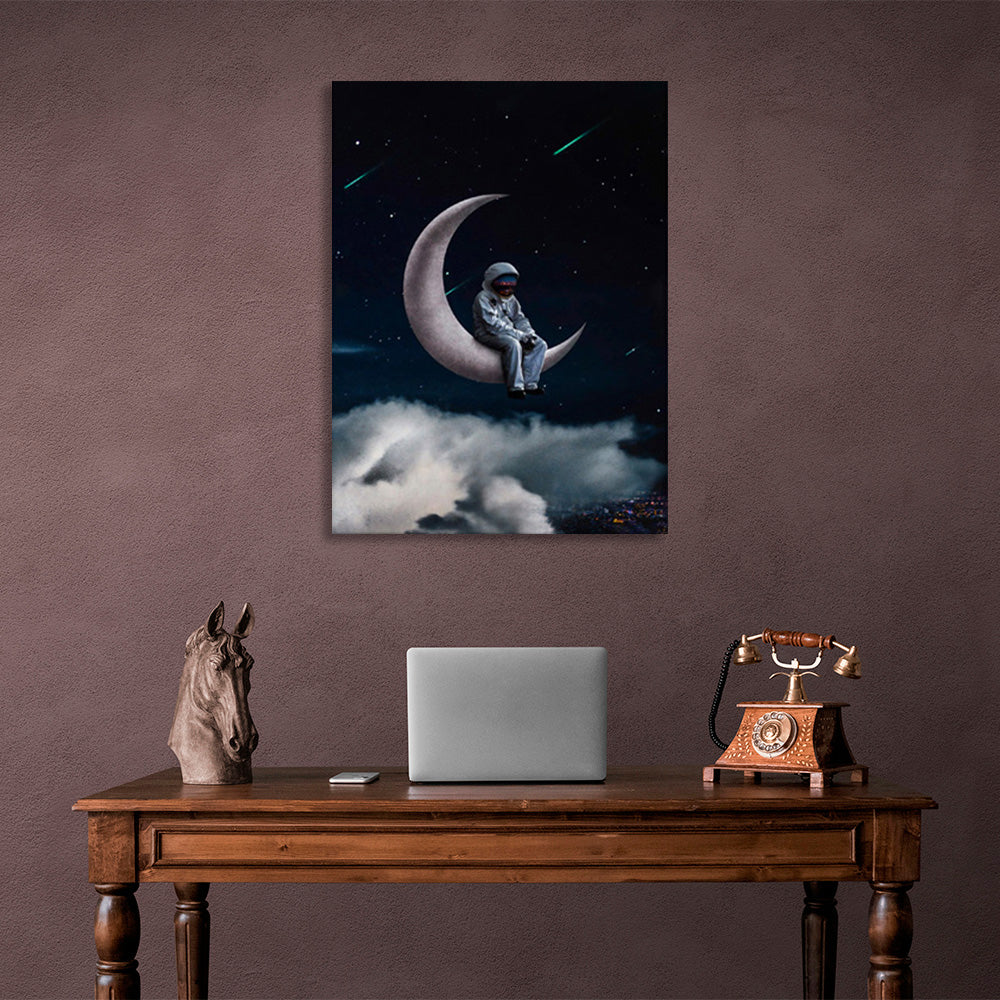 Astronaut on the moon with white clouds Canvas Wall Art Print