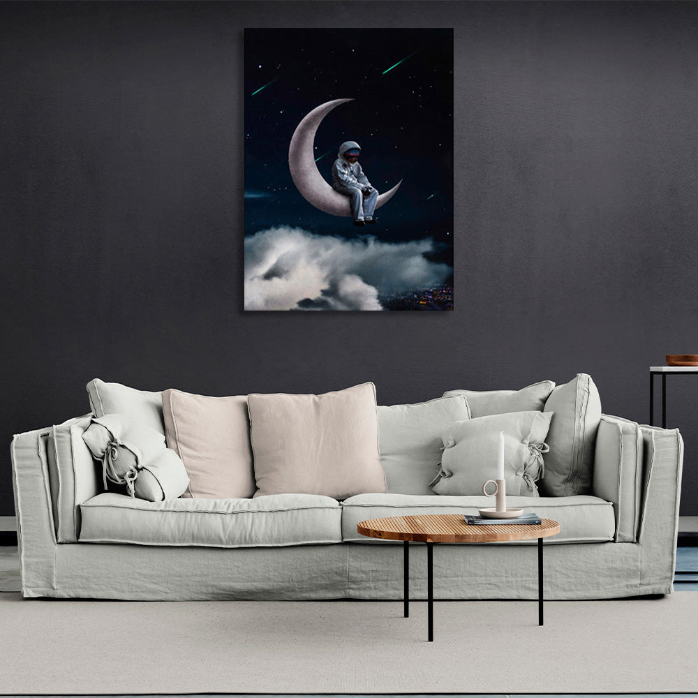 Astronaut on the moon with white clouds Canvas Wall Art Print