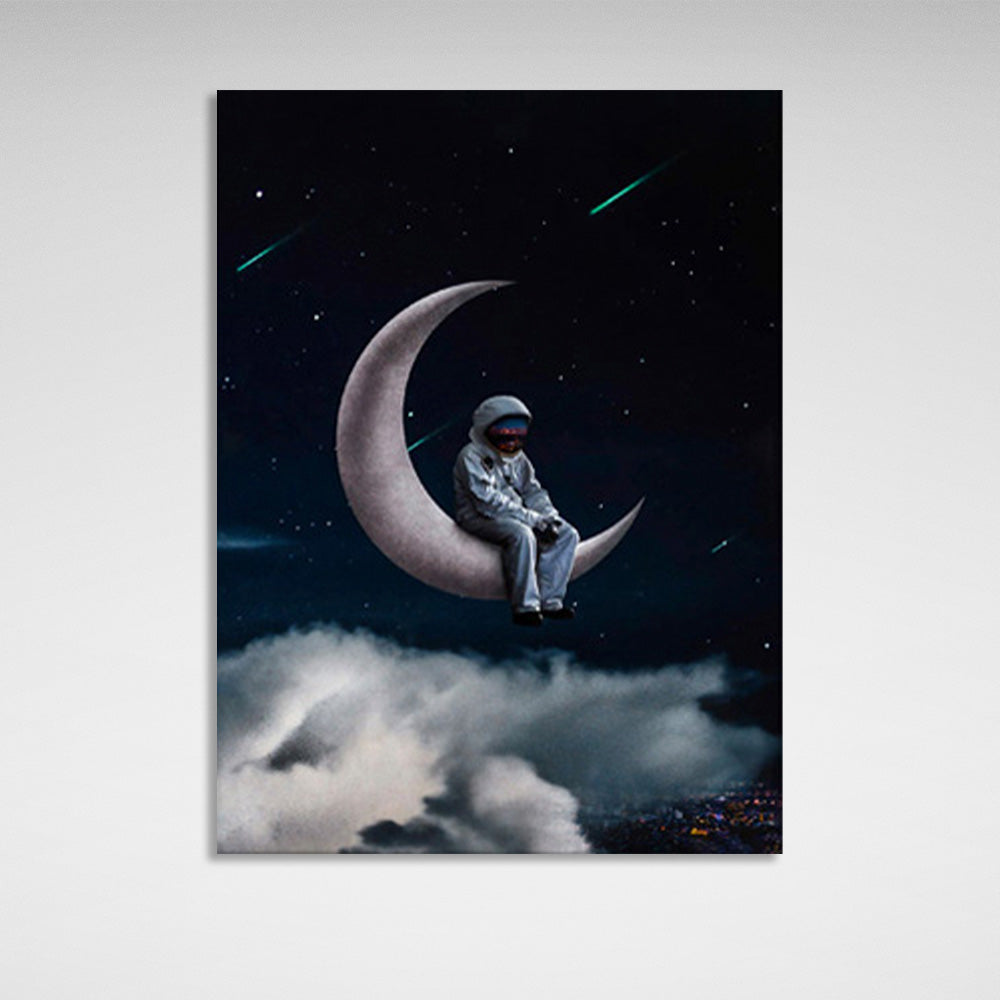 Astronaut on the moon with white clouds Canvas Wall Art Print