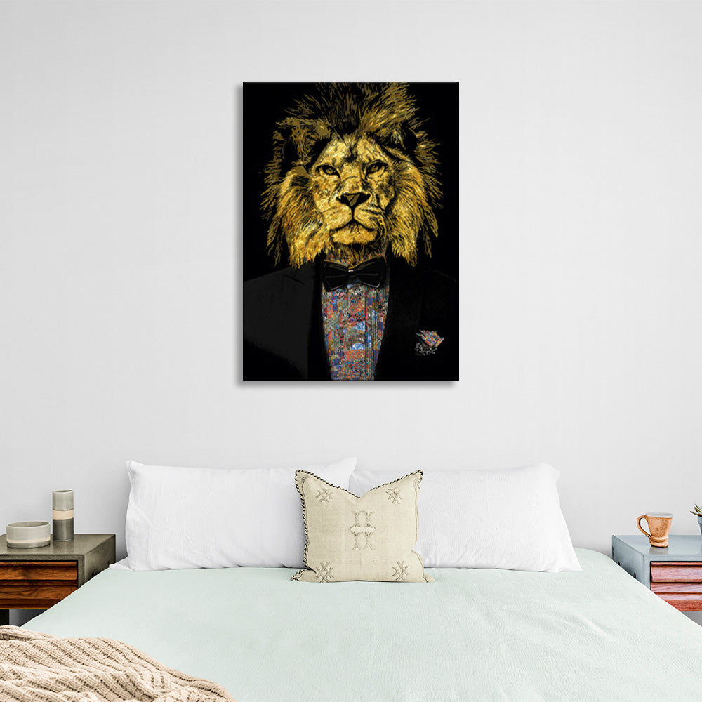 A golden lion in a tuxedo Canvas Wall Art Print