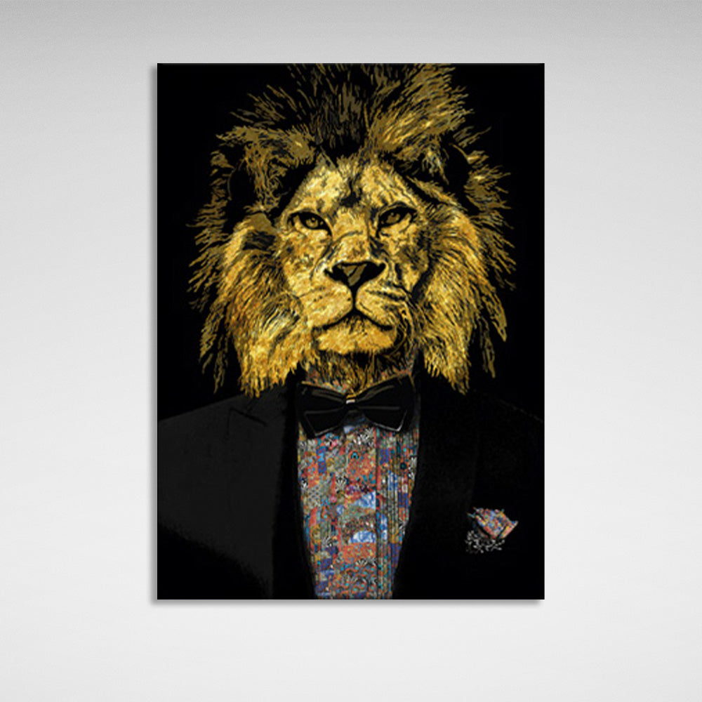 A golden lion in a tuxedo Canvas Wall Art Print