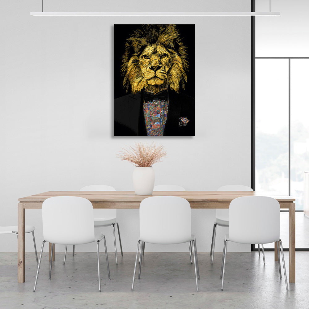 A golden lion in a tuxedo Canvas Wall Art Print