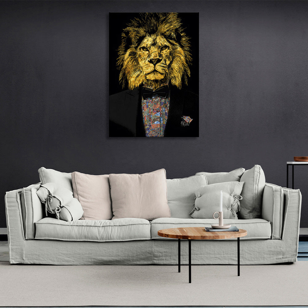 A golden lion in a tuxedo Canvas Wall Art Print