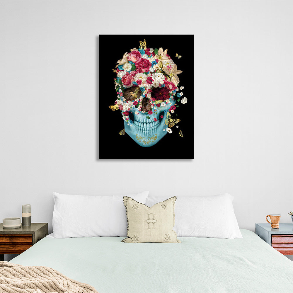 Kunstdruck auf Leinwand mit Totenkopf und Blumen