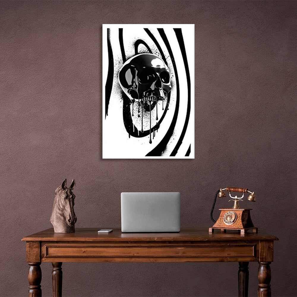 Black skull on a black and white background Canvas Wall Art Print